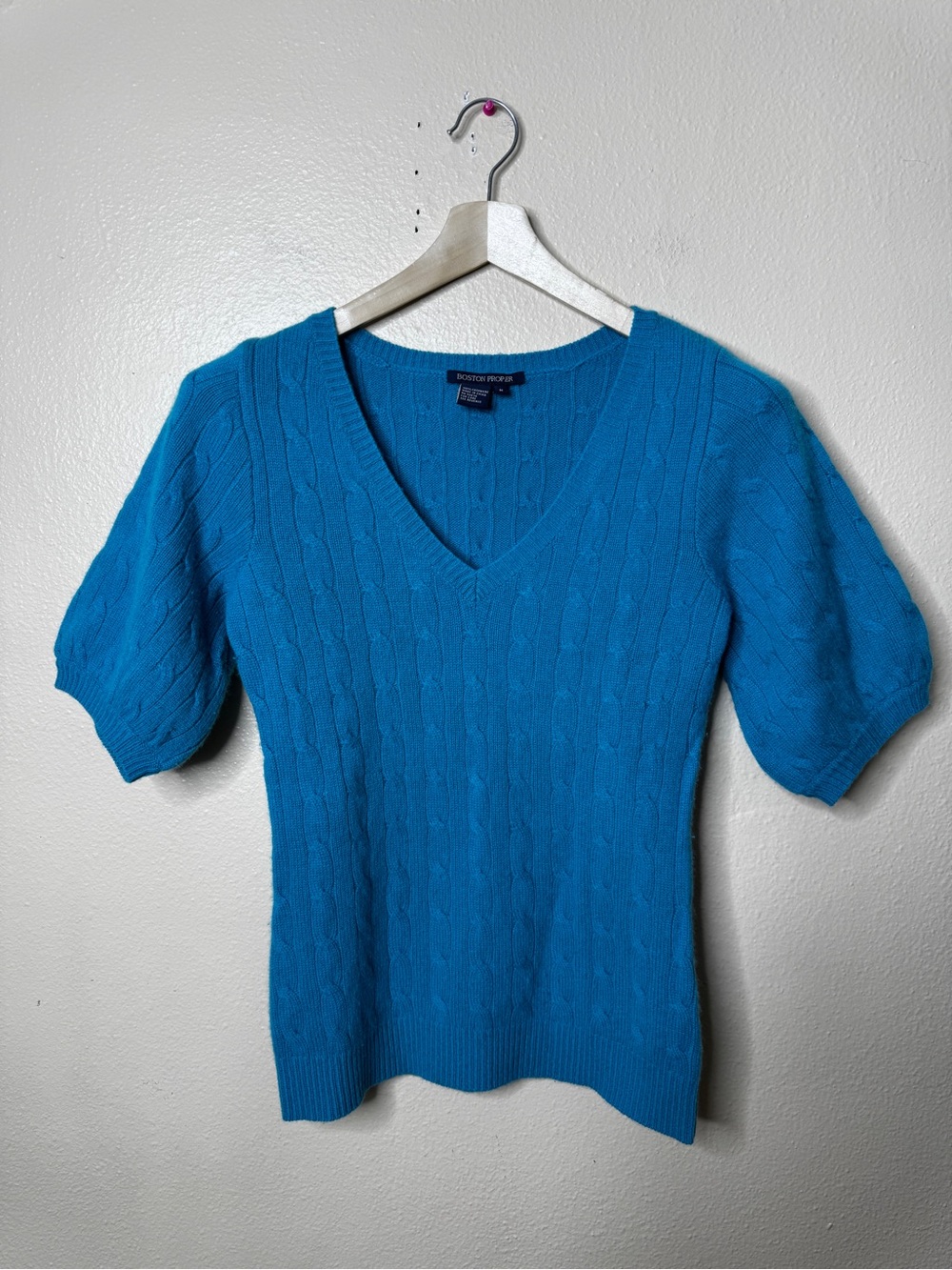 Boston Proper Cashmere Cable Knit Sweater Women’s Medium Blue V Neck Puff Sleeve